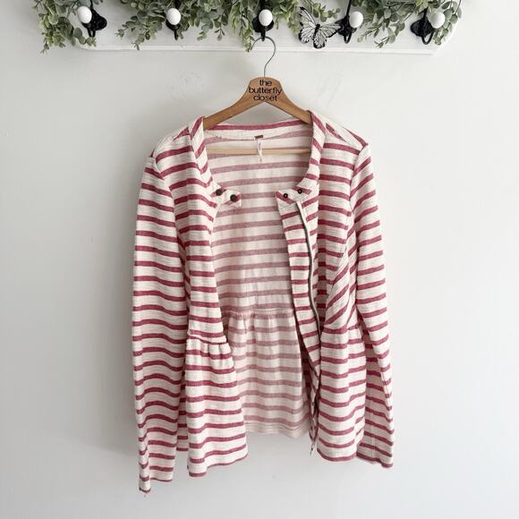Free People Red and White Striped Full Zip Long Sleeves Jacket Size Large O514 - Picture 4 of 4
